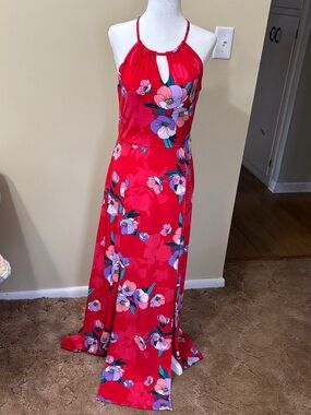 Candie's Bright Red Floral Halter Maxi Dress